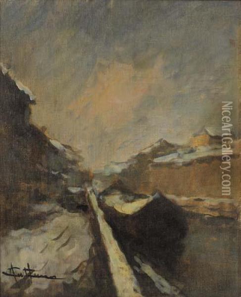 Neve Lungo Il Naviglio Oil Painting - Achille Cattaneo