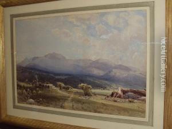 Extensive Lakeland Landscape With Langdalepikes Oil Painting - Frederick Tucker