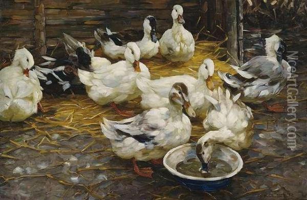 Ducks Laying In Straw Oil Painting - Alexander Max Koester