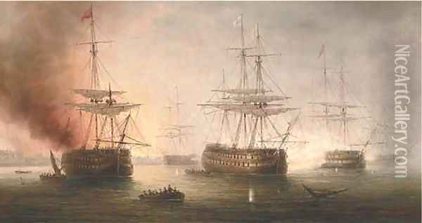 Naval engagement in a Mediterranean harbour Oil Painting - James Hardy Jnr