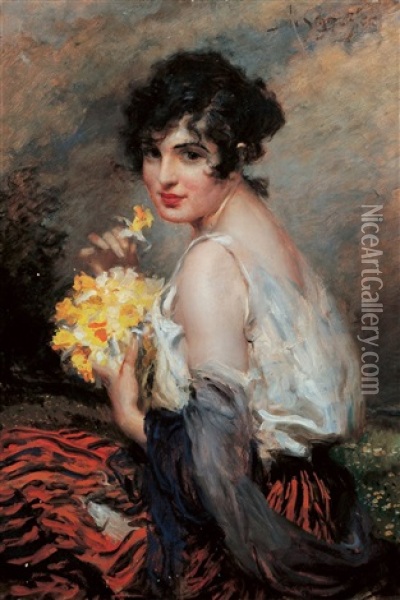 Dame Mit Blumenstrauss Oil Painting - Leopold Schmutzler