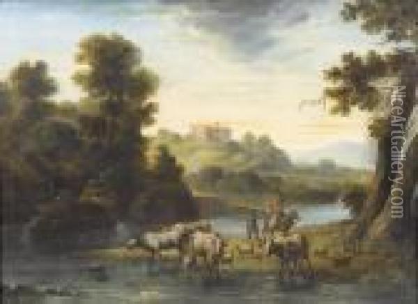 Italienische Flusslandschaft Mit Hirten. Oil Painting - Nicolaes Berchem