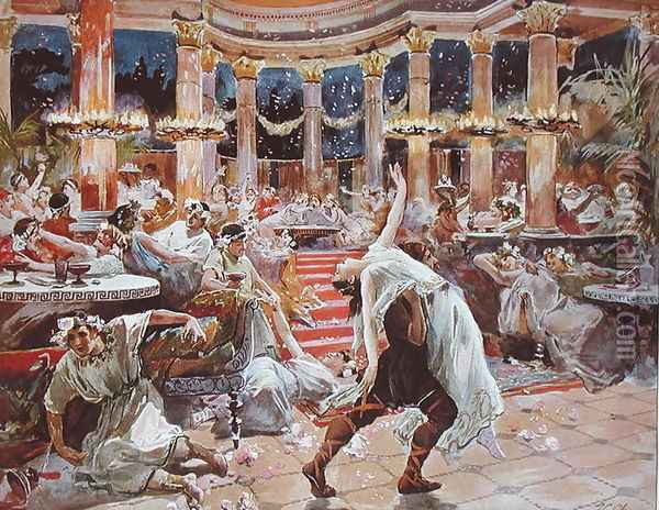 A Banquet in Nero's palace, illustration from 'Quo Vadis', c.1910 Oil Painting - Ulpiano Checa y Sanz