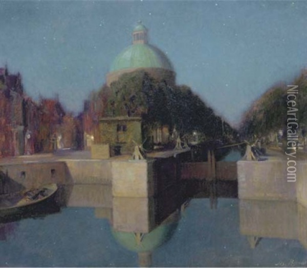 Nachtindruk Singel, Amsterdam: View Of An Amsterdam Canal Oil Painting - Josef Karel Frans Posenaer