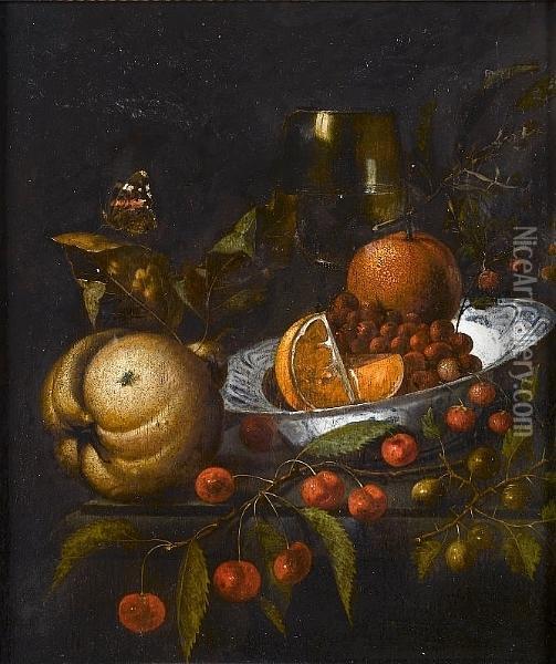 A Blue And White Wan-li Kraak 
Bowl Filled With Oranges And Wild Strawberries On A Stone Ledge With A 
Pear, A Roemer, Cherries And A Butterfly Oil Painting - Marten Nellius