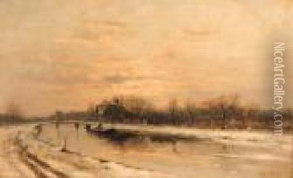 Winter: An Orchard Alongside A Canal With A Farmhouse In Thedistance At Dusk Oil Painting - Louis Apol