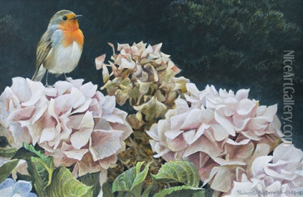 European Robin And Hydrangeas Oil Painting - Robert Bateman