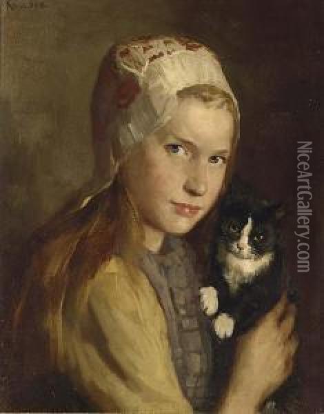 Girl With Her Cat Oil Painting - Heinrich Martin Krabb