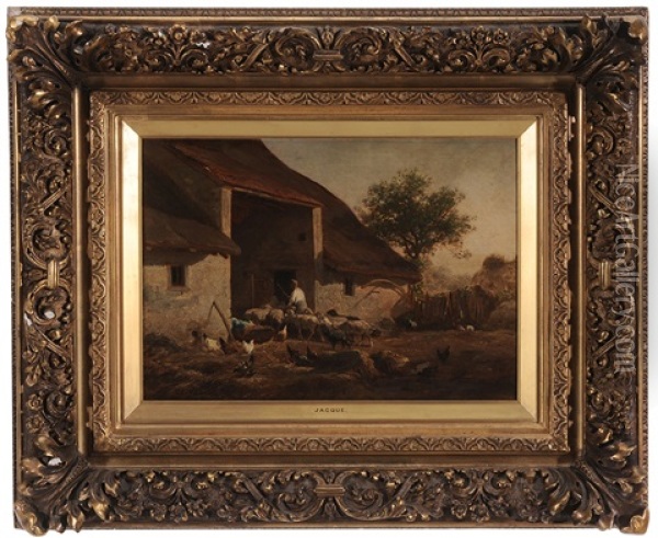 Shepherd Herding Sheep Into A Barn Oil Painting - Charles Jacques