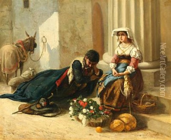 A Roman Flower Seller And A Resting Donkey Rider Oil Painting - David Jacobsen