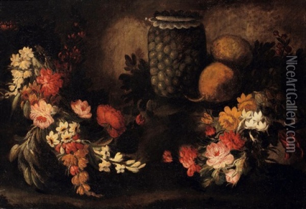 Nature Morte De Fleurs, De Fruits Et Au Bocal D'olives Oil Painting - Margherita Caffi