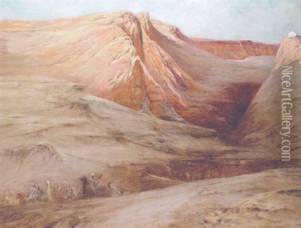 An Arab Caravan In A Rocky Desert Landscape Oil Painting - Georges Jules Victor Clairin