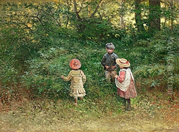 Blomsterplockande Barn Oil Painting - Johan Severin Nilsson
