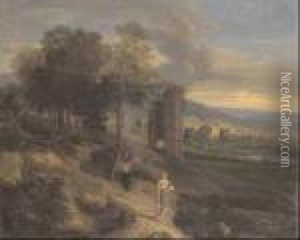Le Portatrici D'acqua, Entro Paesaggio Con Rovine E Specchio D'acqua Sullo Sfondo Oil Painting - Jean-Francois Millet