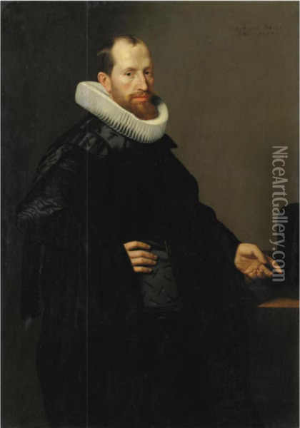 Portrait Of A Gentleman, Three Quarter Length, At The Age Of Thirty-six Oil Painting - Nicolaes (Pickenoy) Eliasz