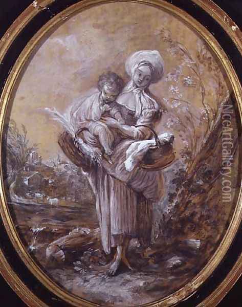 Woman with Child in Country Landscape Oil Painting - Jean-Baptiste Huet
