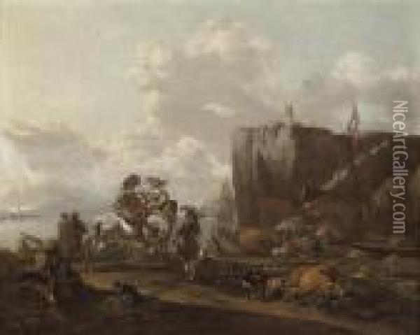 A Coastal Landscape With Merchants On Horseback Oil Painting - Nicolaes Berchem