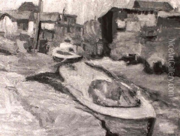Boats And Houses Near Benecia Oil Painting - Selden Connor Gile