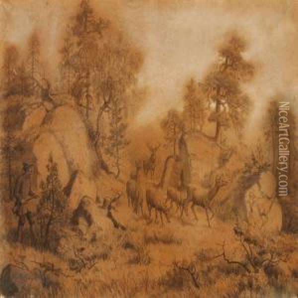Landscape With Hunter In Hiding And Red Deer Oil Painting - Carl Henrik Bogh
