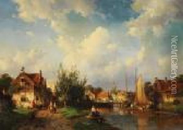 Geschaftiges Treiben Am Flussufer Eines Hollandischen Stadtchens Oil Painting - Charles Henri Leickert