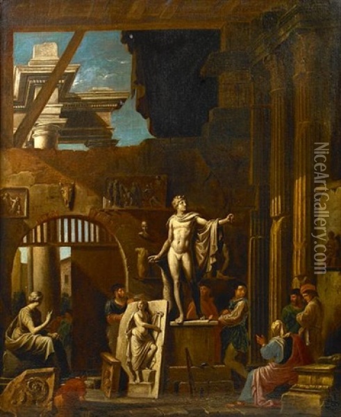 A Sculptor With Patrons Amongst Classical Ruins Oil Painting - Alessandro Salucci
