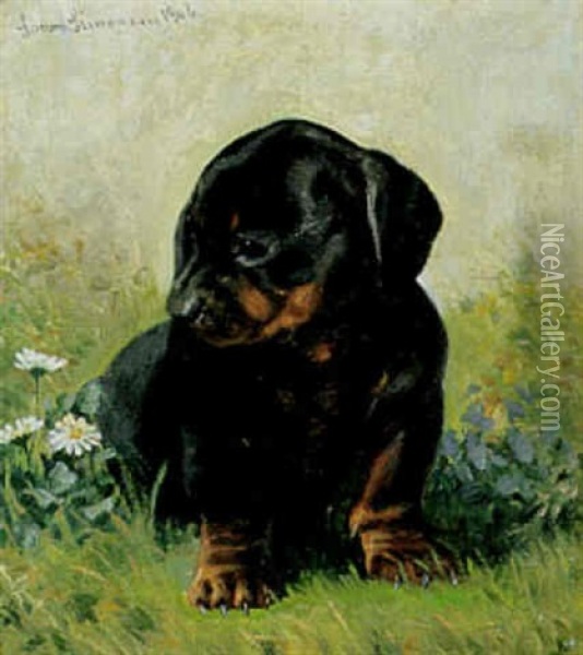 Gravhundehvalp Og Bellis Oil Painting - Simon Simonsen