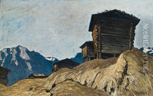 Heuschober Im Gebirge Oil Painting - Oskar Mulley