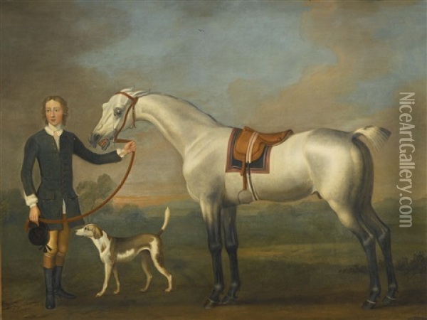 A Gray Hunter Held By A Groom Oil Painting - Thomas Spencer