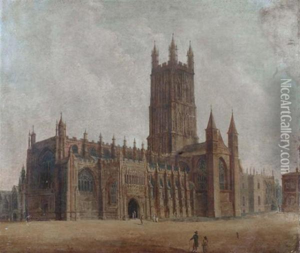 Gloucester Cathedral With Figures In The Foreground Oil Painting - Richard Bankes Harraden