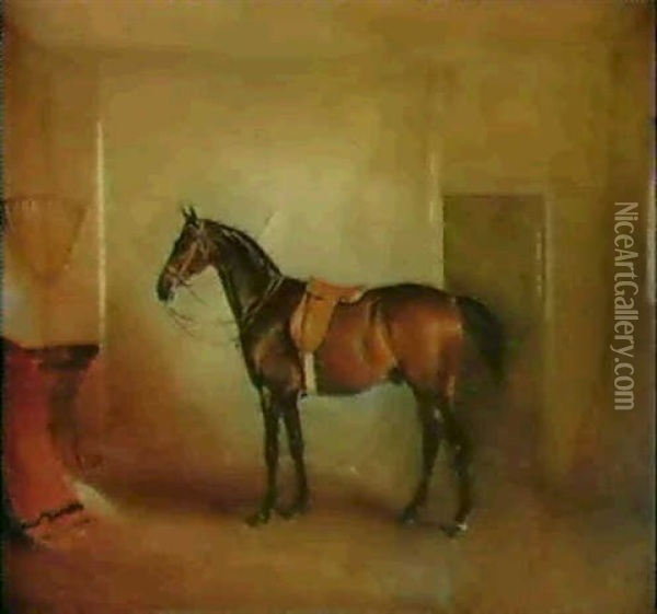 A Bay Hunter In A Stable Oil Painting - John Ferneley Jr.
