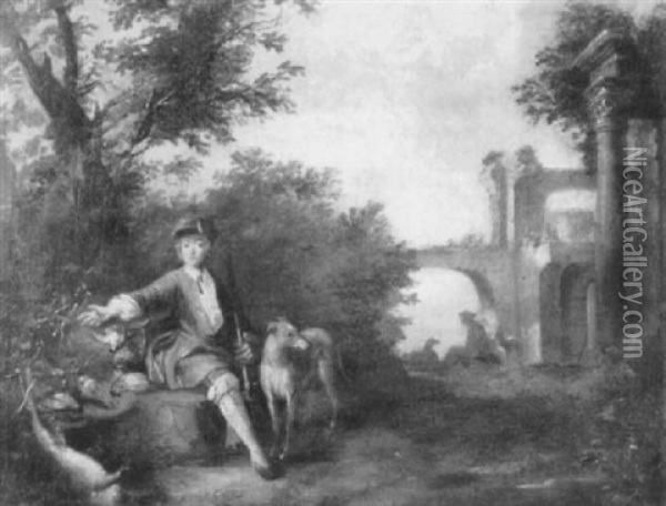 A Sportsman  Seated In A Landscape With His Game Bag And Dog, Classical Ruins Beyond Oil Painting - Jean-Baptiste Oudry