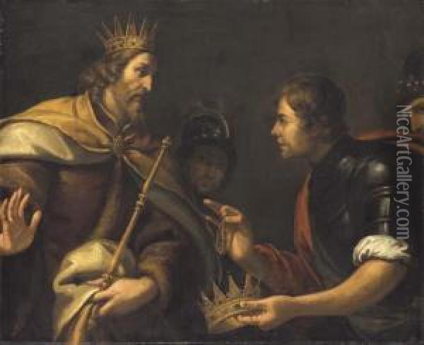 David Presented With The Crown And Bracelet Of Saul Oil Painting - Luca Saltarello