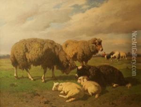 Pecore E Montoni Al Pascolo Oil Painting - Louis Marie Dominique Romain Robbe