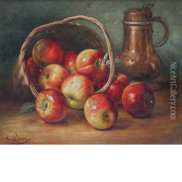 Still Life With Basket Of Apples Oil Painting - August Laux