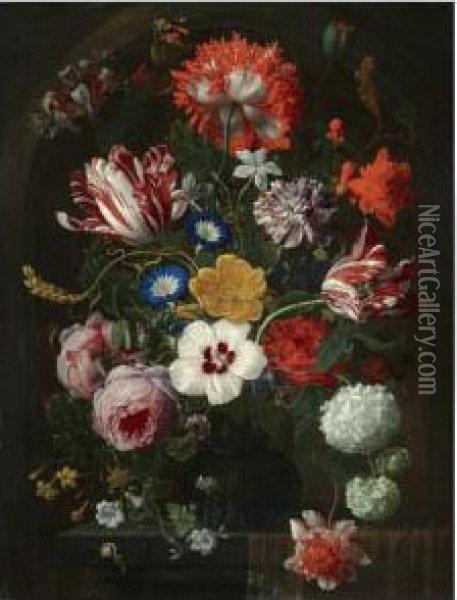 Still Life With A Bouquet Of 
Flowers In A Glass Vase, Including Roses, Morning Glory, Parrot Tulips 
And Snowballs, Arranged On A Partly Draped Stone Ledge With A Snail Oil Painting - Nicolas Van Veerendael