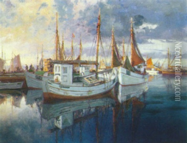 Kuttere I Havn Oil Painting - Peder Jacob Marius Knudsen