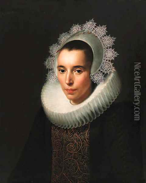 Portrait of a lady, half-length, in a black dress with a gold-embroidered black stomacher, in a ruff and lace headdress Oil Painting - Paulus Moreelse