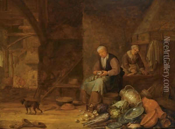 A Barn Interior With A Woman Peeling Onions And Another Woman Cleaning Oil Painting - Pieter Symonsz. Potter