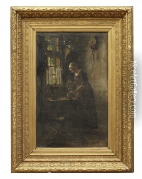 Interior Med Ung Kvinna Med Blomma Oil Painting - Jacobus Franciscus Brugman