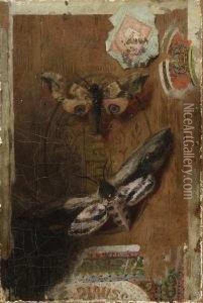 Gemalter Zigarrenkistendeckel Mit
 Zwei Schmetterlingen. Oil Painting - Hermann J. Gottlieb Kricheldorf