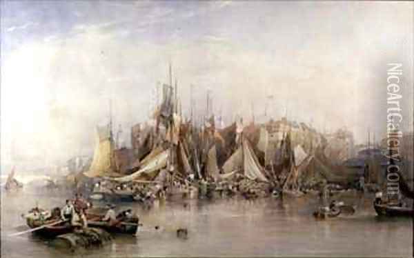 Billingsgate First Day of Oysters Early Morning Oil Painting - Edward Duncan