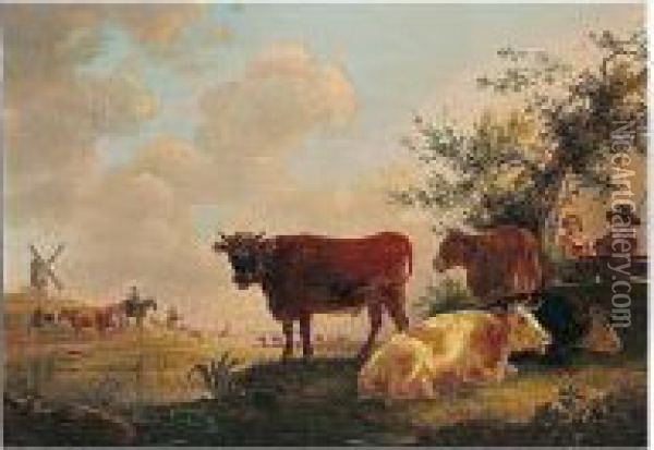 A Pastoral Landscape With Figures And Cattle By A River, A Windmill And Drovers Beyond Oil Painting - Jean-Baptiste De Roy
