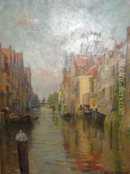 European Canal Landscape Oil Painting - Florence Fitzgerald