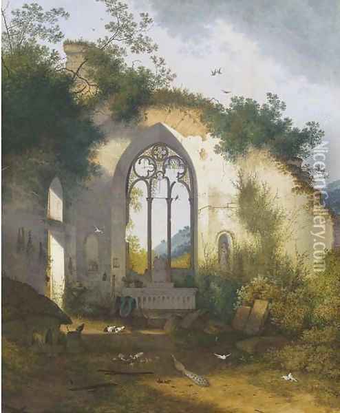 A ruined chapel with a pig sty, poultry and a peacock sheltering in the apse Oil Painting - Joseph Augustus Knip