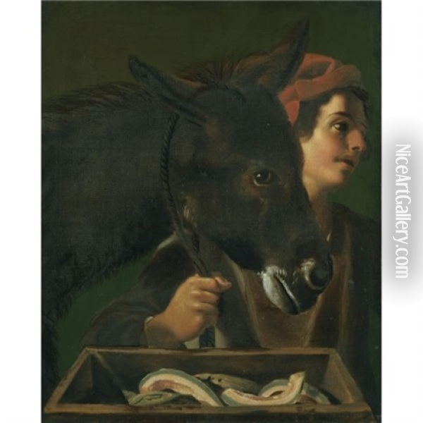 A Young Man And His Donkey Oil Painting - Michelangelo Cerquozzi