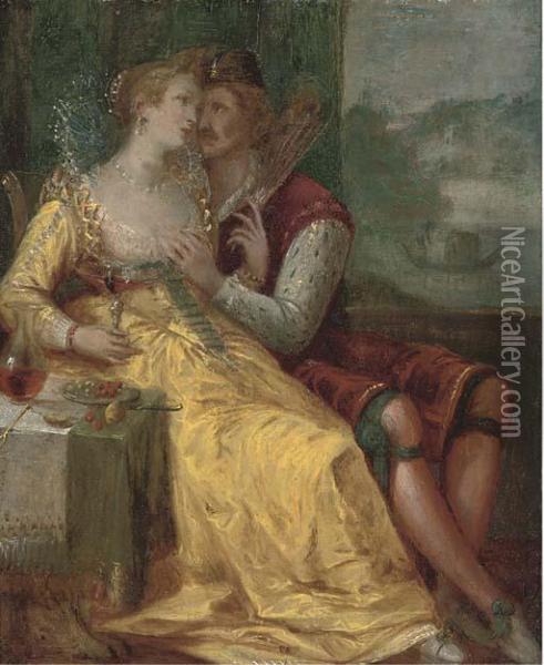 A Couple Courting In An Interior Oil Painting - Louis de Caullery
