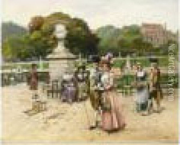 Elegant Figures Strolling In A Park Oil Painting - Henri Victor Lesur