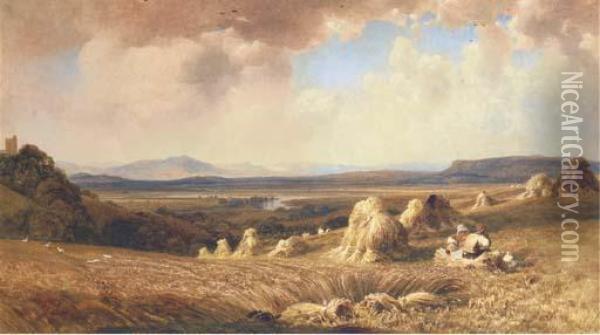 Harvesters In The Fields Above The Valley Of The Lune, Cumbria Oil Painting - Peter de Wint