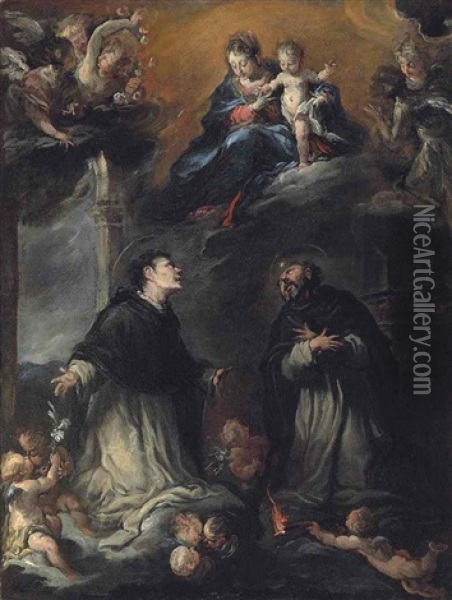The Madonna And Child Appearing To Saints Nicholas Of Tolentino And Thomas Aquinas Oil Painting - Alessandro Gherardini