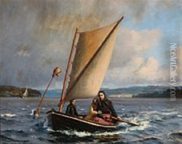 The Widow With Her Children In A Boat At Svendborgsund, Denmark Oil Painting - Carl (Jens Erik C.) Rasmussen